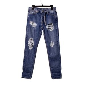 Nasty Gal Blue Button Fly Distressed Ripped Boyfriend Jean Sz 26 Punk Grunge NWT